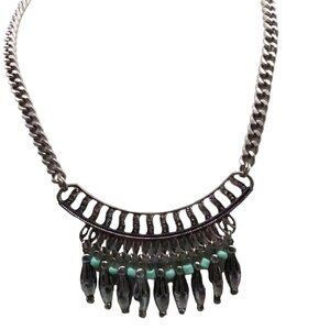 Vintage Fringe Bib Statement Necklace, Silver Tone with Turquoise Colored Beads
